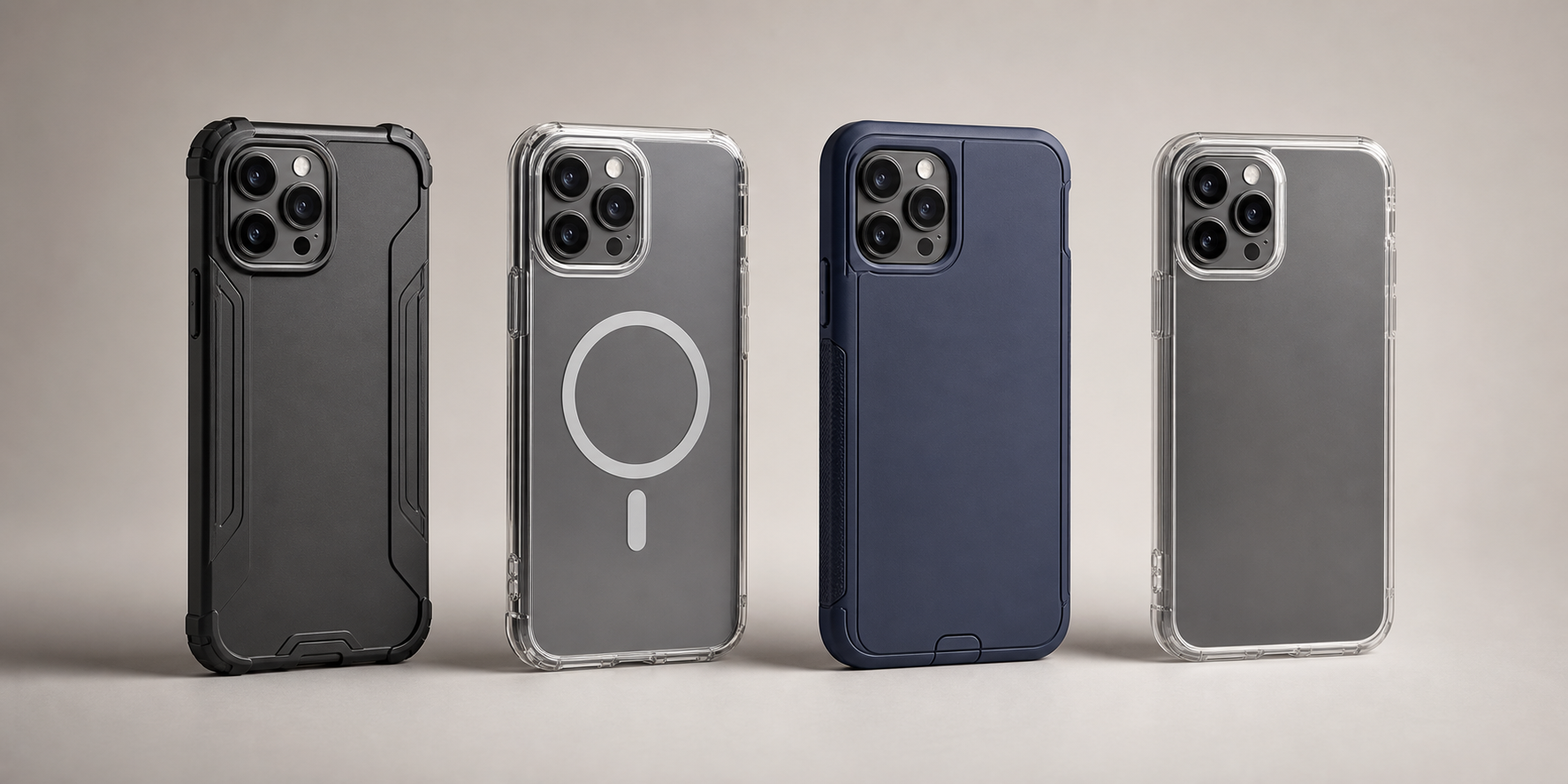 Comparativa visual de funda de uso rudo, funda magnética, funda 360 y funda transparente para celular