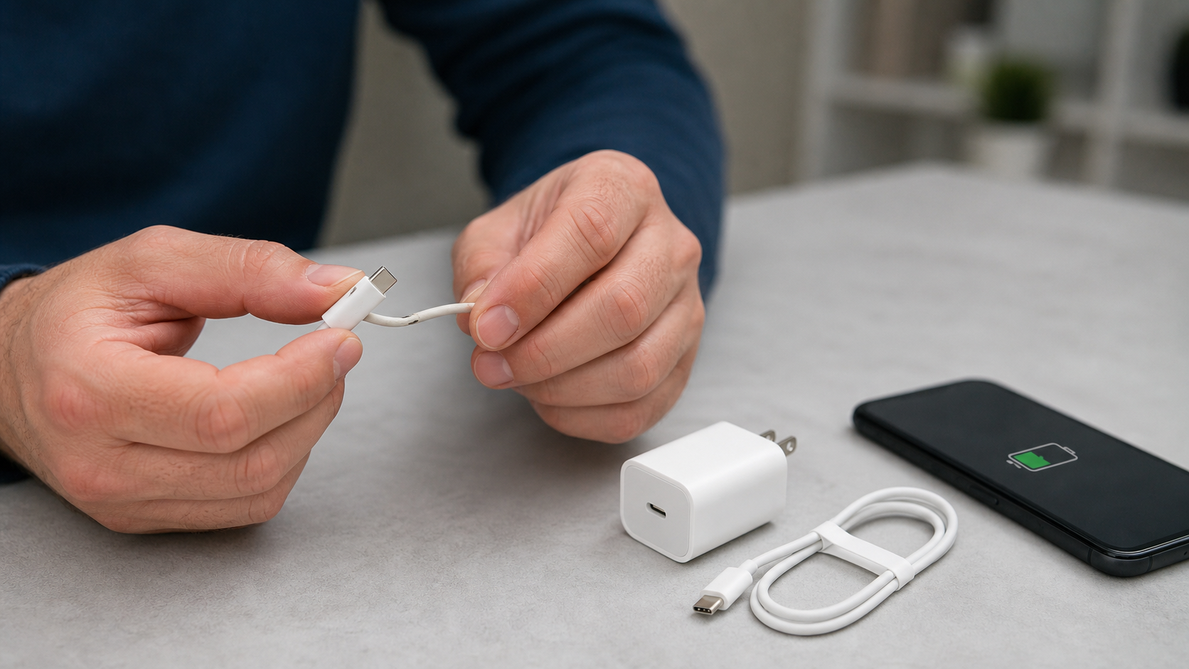 Persona revisando un cargador y cable para detectar daños antes de cargar la batería del celular