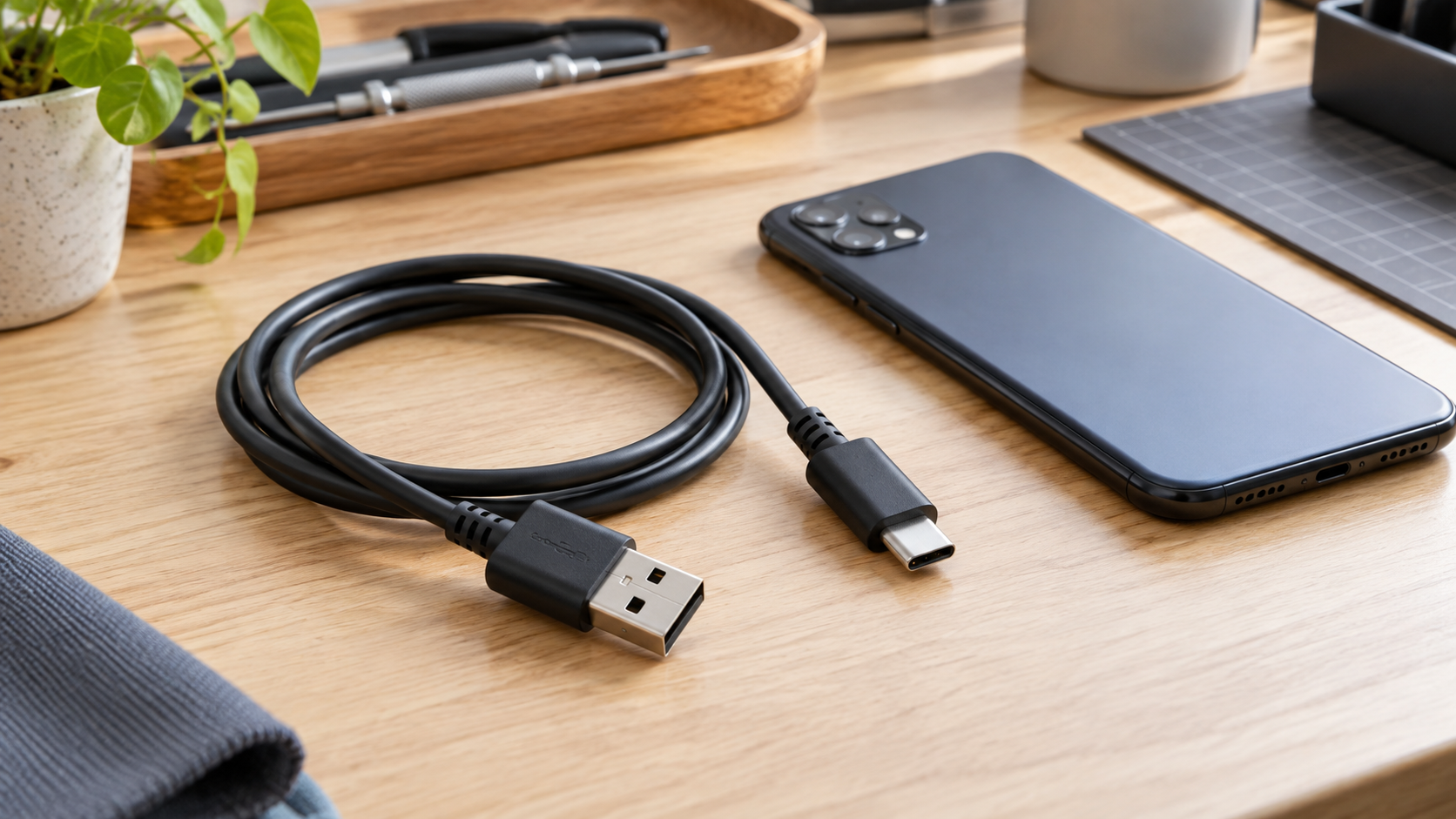 Cable USB-A a USB-C genérico listo para revisar antes de cargar un celular