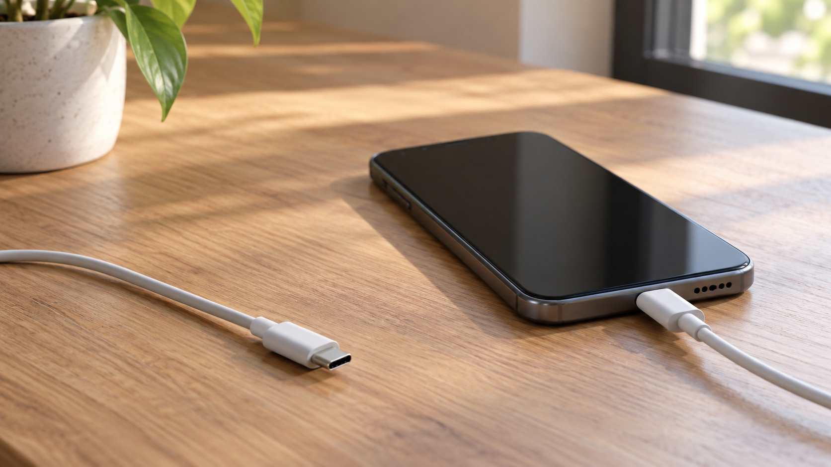 Cable USB-C a USB-C conectado a un celular para ilustrar una guía de compatibilidad