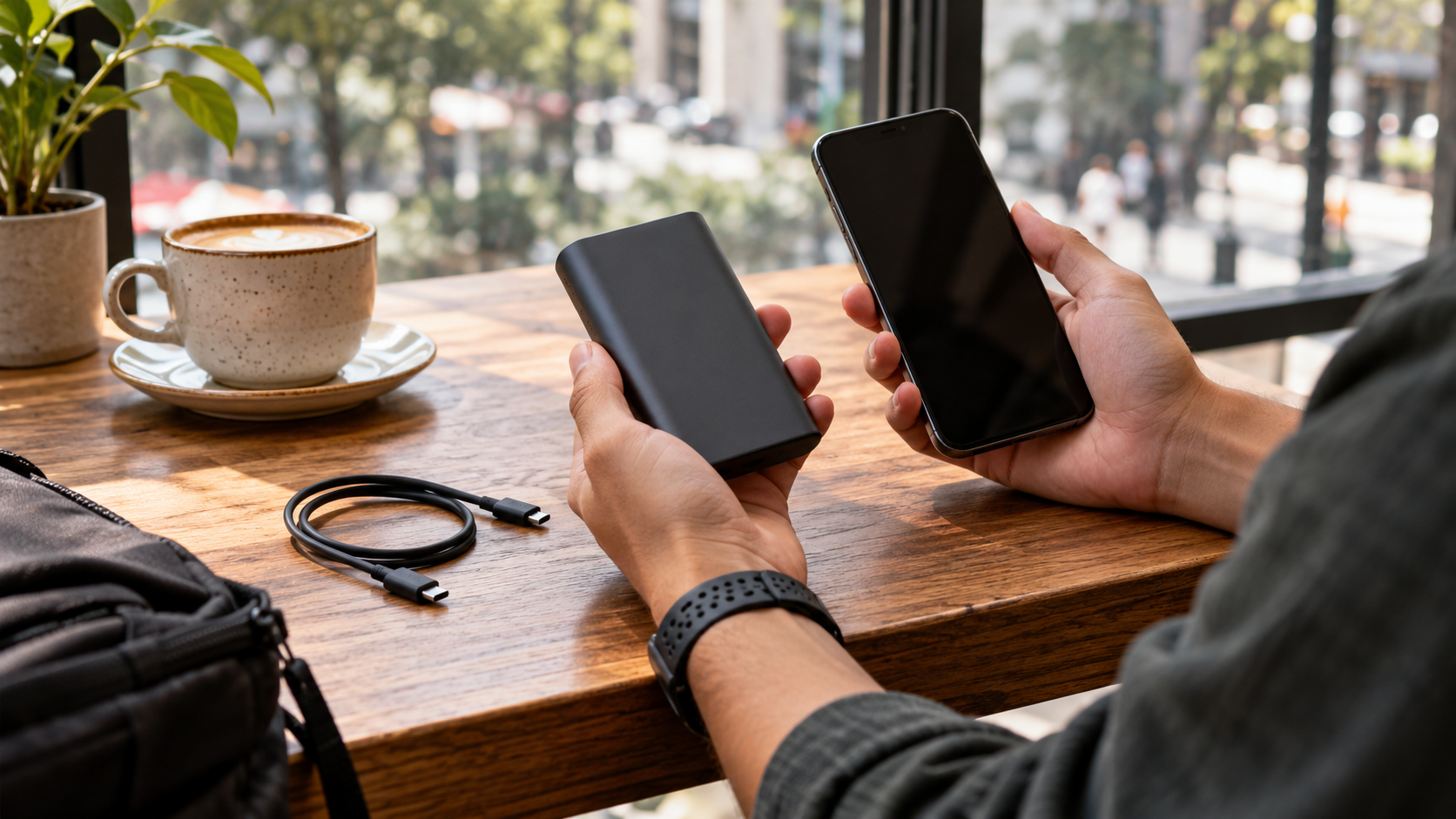 Persona comparando una batería portátil genérica con un celular y cable de carga
