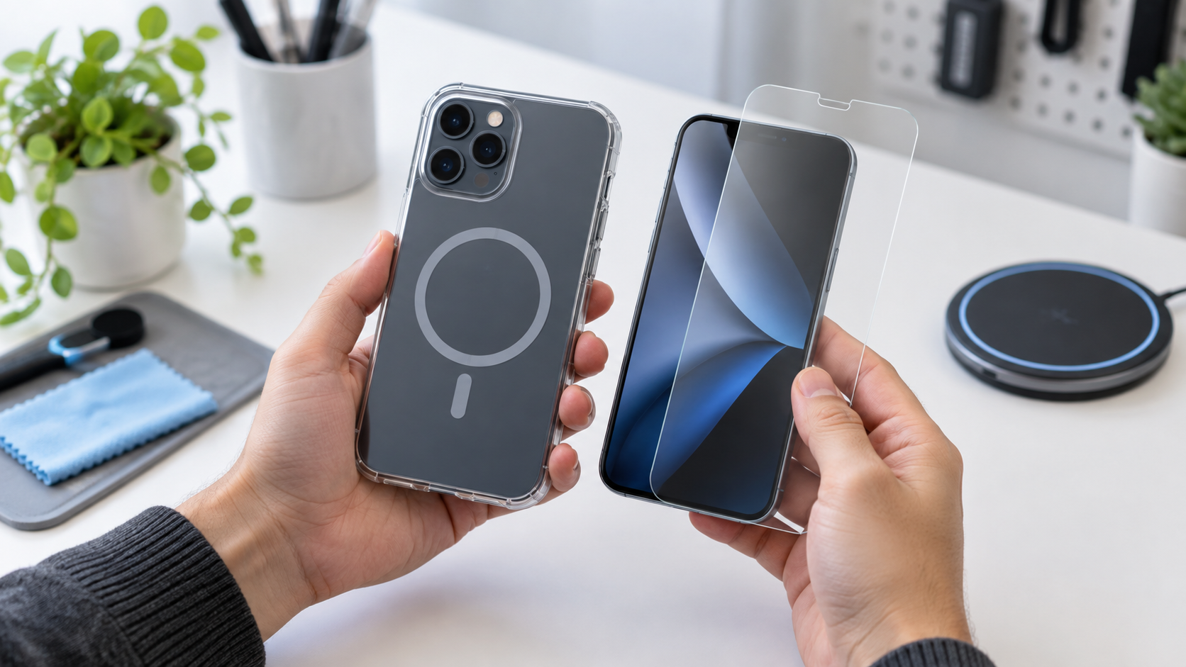 Teléfono genérico con funda transparente y protector de pantalla para explicar una protección correcta